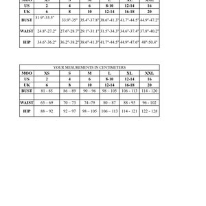 May include: A size chart for women's clothing, showing measurements in inches and centimeters for bust, waist, and hip. The chart includes sizes XS, S, M, L, XL, and XXL.