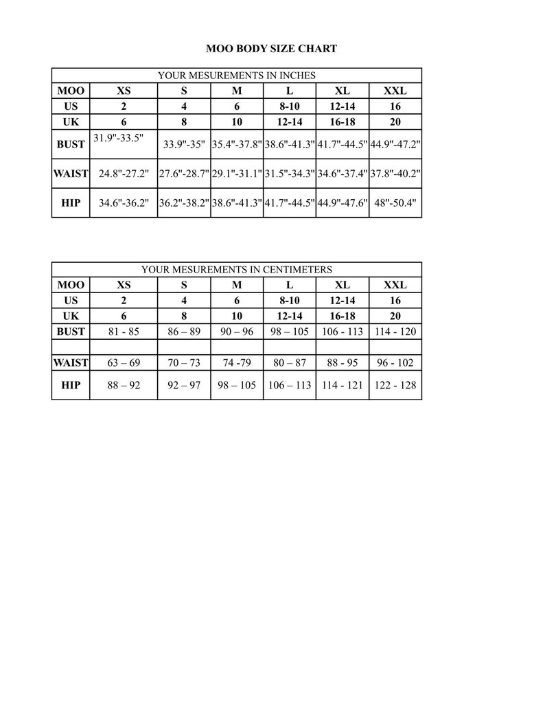 May include: A size chart for women's clothing, showing measurements in inches and centimeters for bust, waist, and hip. The chart includes sizes XS, S, M, L, XL, and XXL.