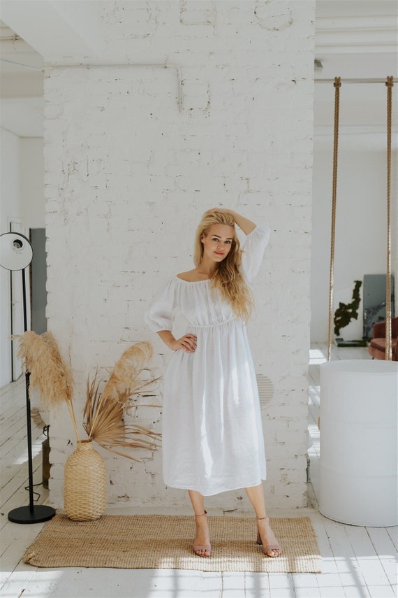 chinese dress ladies Lila Linen Blend Ruffled Neckline Off Shoulder Dress White / Small
