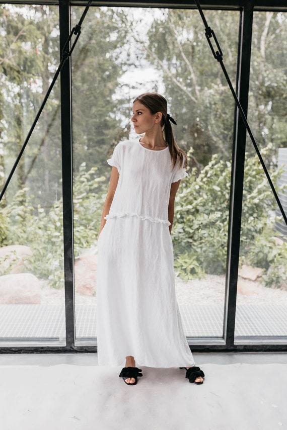 Long white cheap linen dress