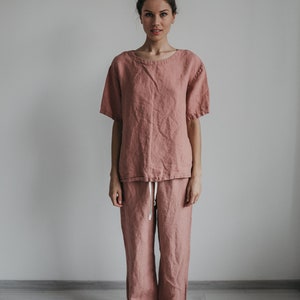 Linen shirt ELSA and linen pants . Short sleeve shirt relaxed fit, tunic shirt , T-shirt , linen pajama set,Natural loose linen pants image 6