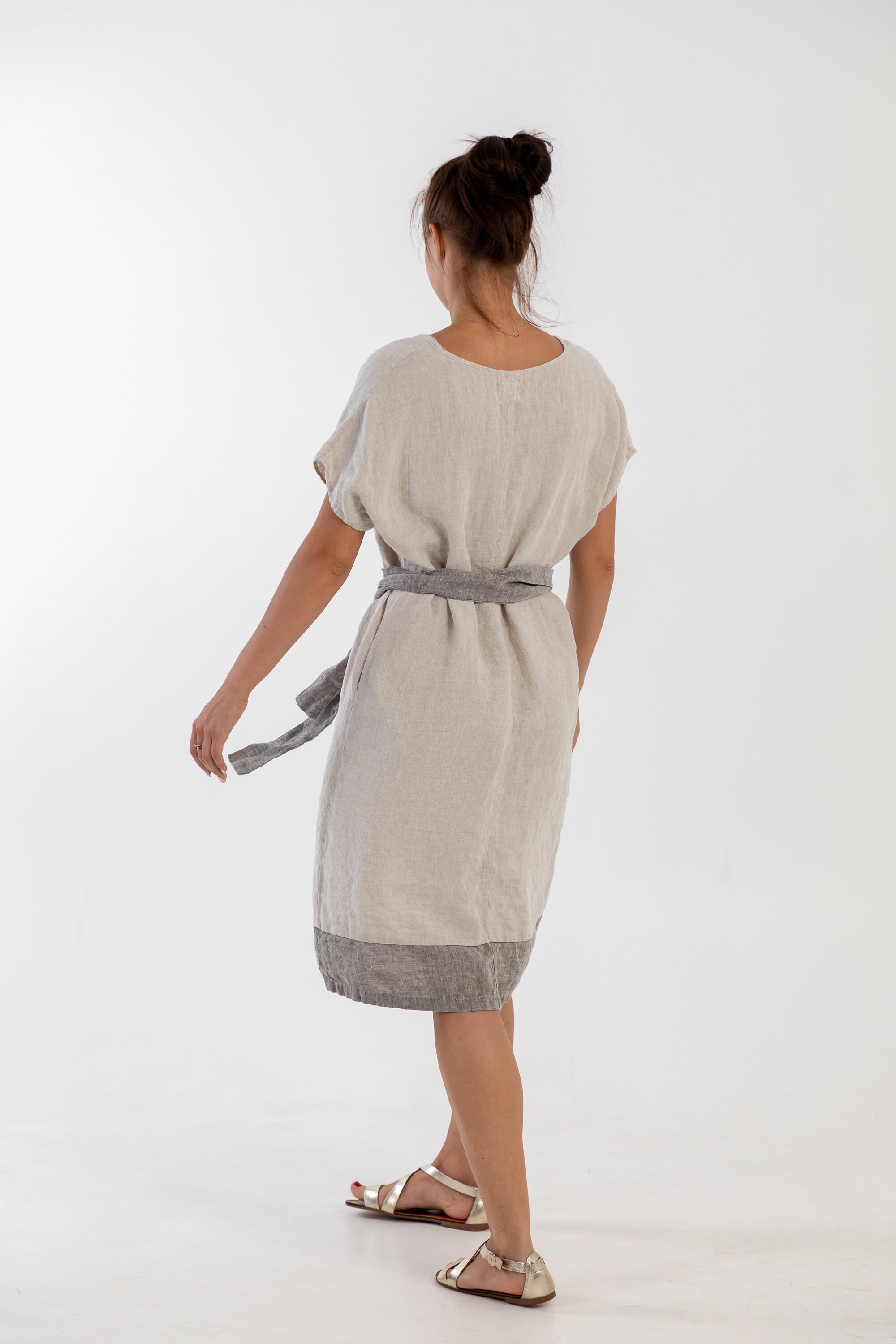 chinese dress ladies A Line Cami Linen Dress with Color Block Panels