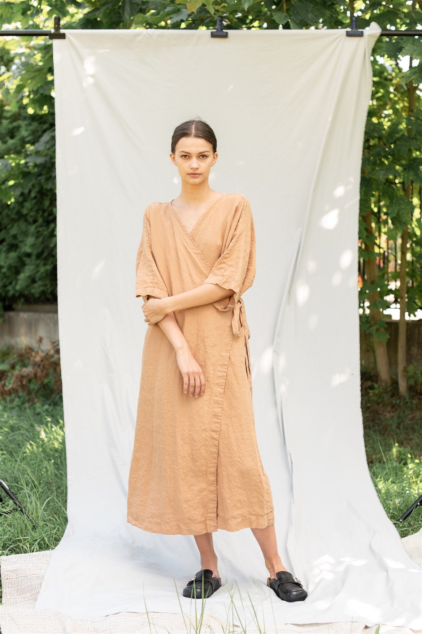 新品evam eva raising linen back tuck robe Linen Wrap Dress EVA. Linen Wrap Dress .linen Dress 3/4