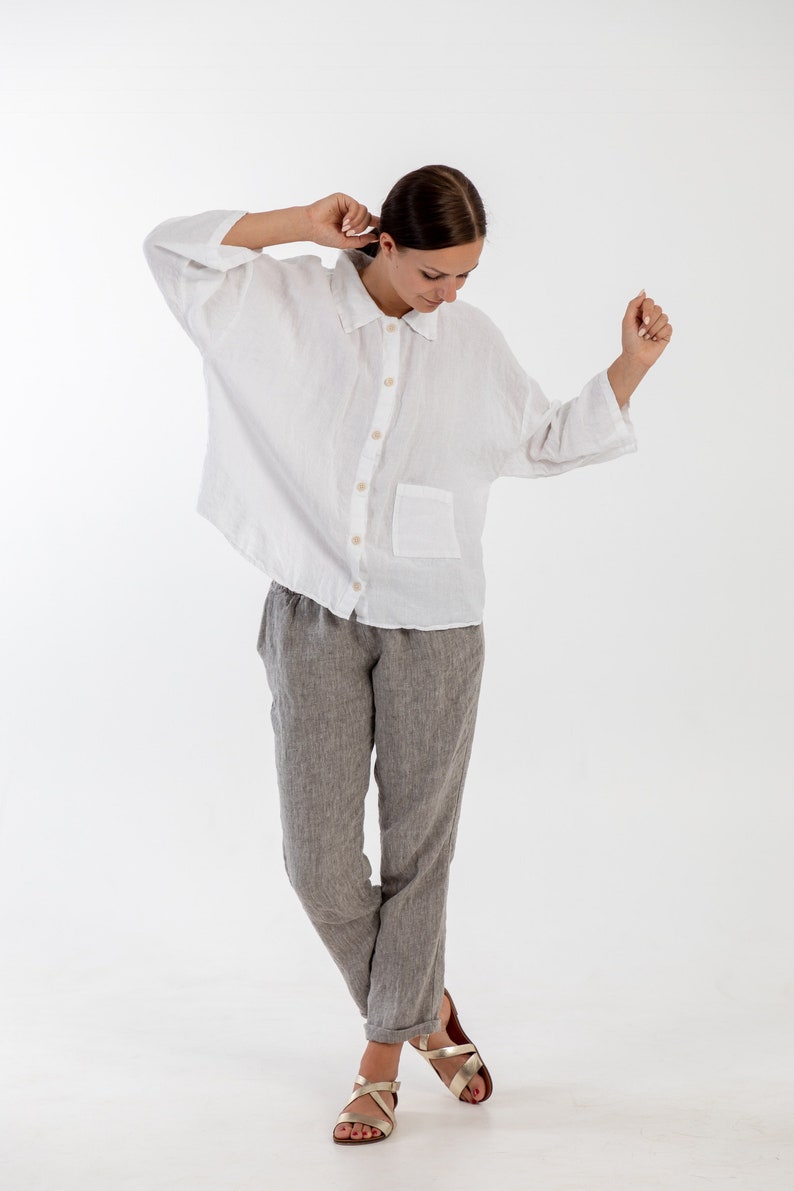 Natural linen pants BELLA . Washed women linen trousers. Linen clothing for women.Slightly tapered linen pants image 2