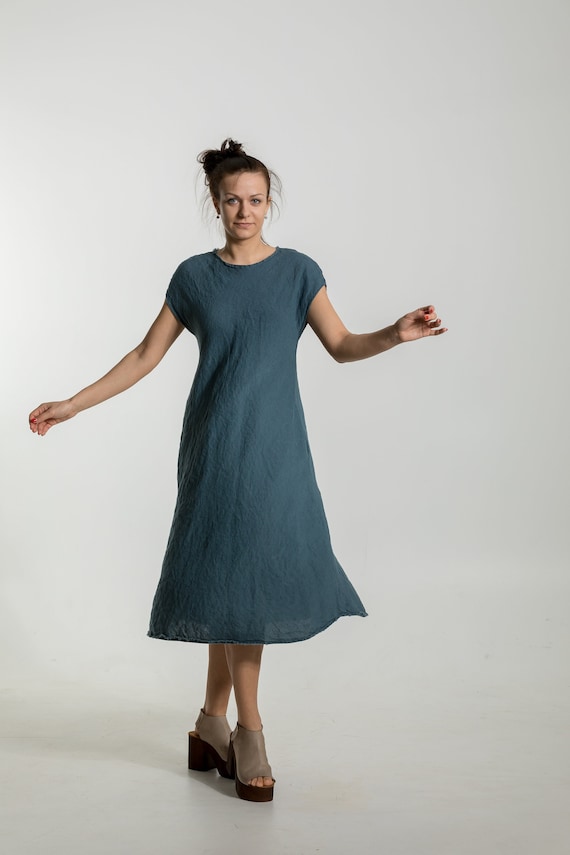 knee length dresses for ladies Linen Bias Placket Dress main image 0