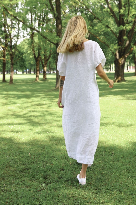 Linnen jurk met korte mouwen van EVA. Linnen kaftan linnen tuniekjurk. Linnen kleding voor vrouwen. Etsy Nederland