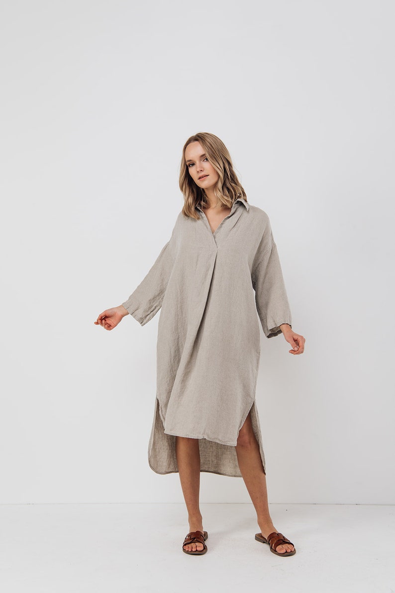 Linen tunic dress SIMPLE . Midi dress with pockets image 4