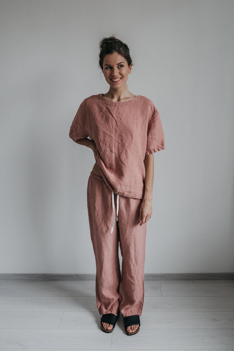 Linen shirt ELSA and linen pants . Short sleeve shirt relaxed fit, tunic shirt , T-shirt , linen pajama set,Natural loose linen pants havanna