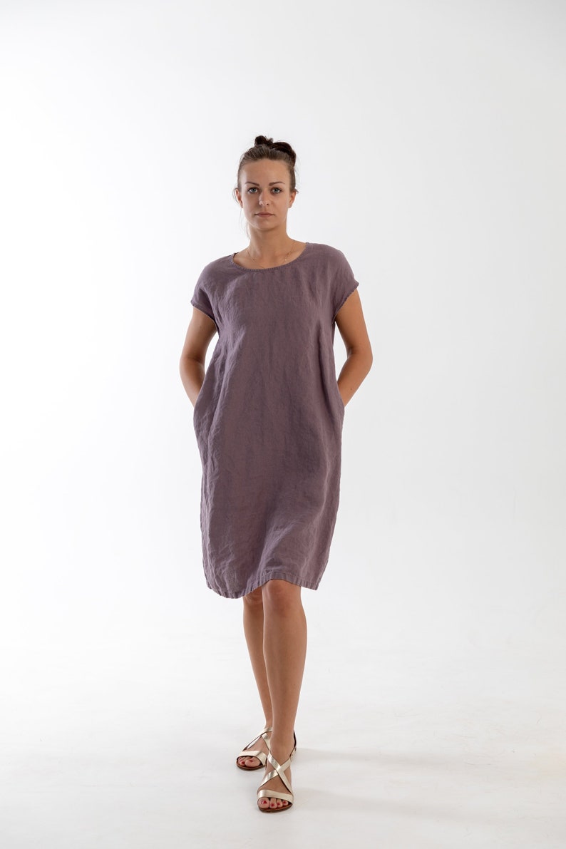 Linen dress ALICE .Knee length dress . Short sleeves dress image 3