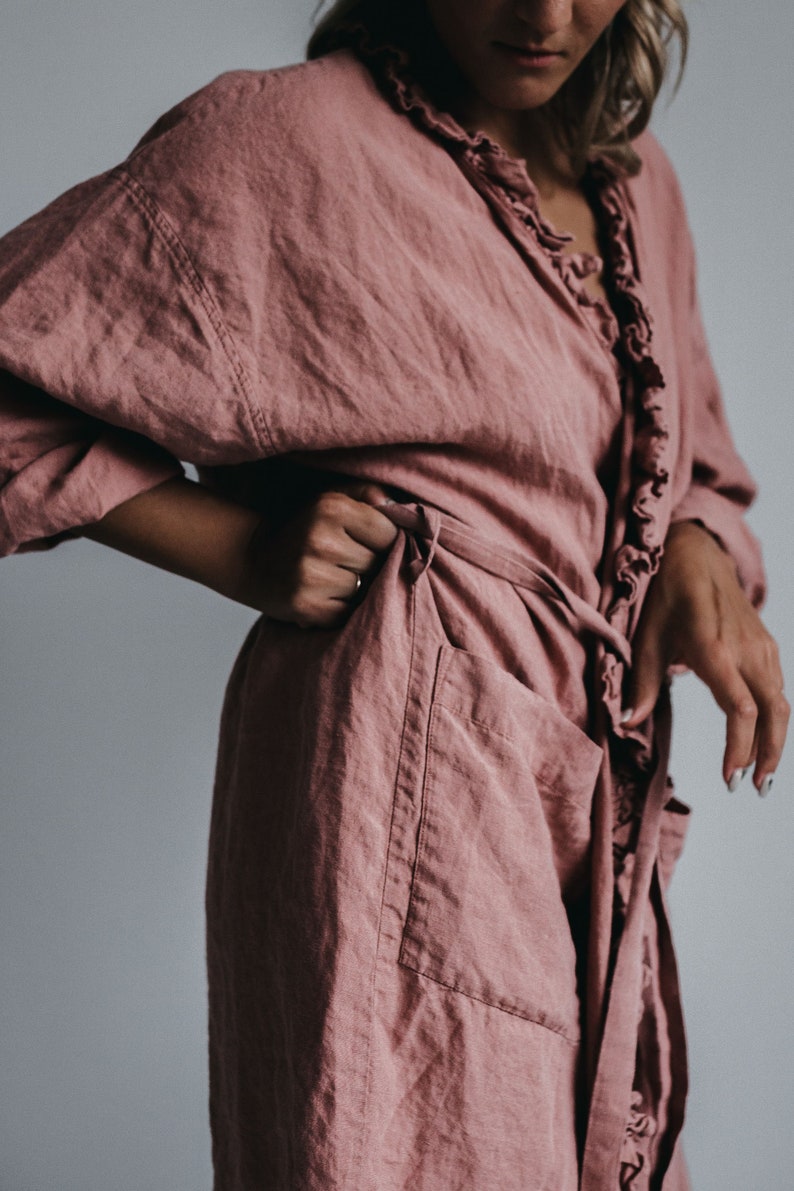 Linen dress ADELE . Linen wrap dress . Linen robe, midi dress image 2