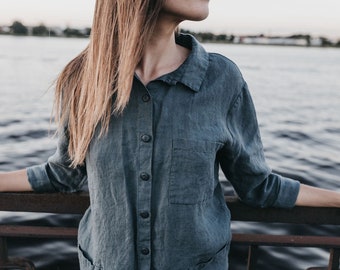 Leinenhemdkleid HAZEL. Knielanges Kleid. Leinen-Tunikakleid, Leinenkleidung für Frauen