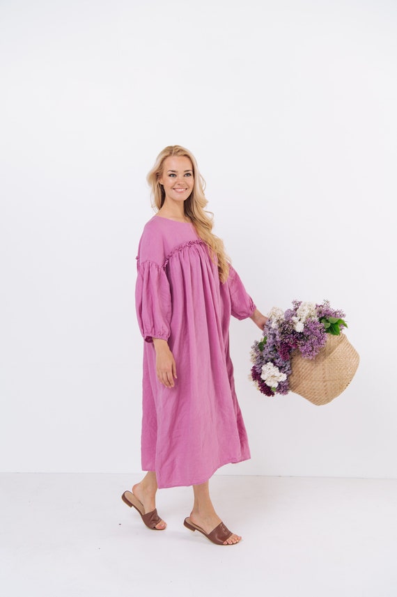 womens midi linen dress Women's Lilac Linen Dress - Round Neck Linen Tunic with Princess Seams,  Long Sleeve main image 0