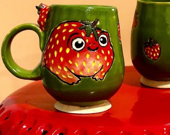 Strawberry Frog Mug | Cottagecore Green Ceramic Cup | Hamdmade Kawaii Art | In Stock & Made to Order