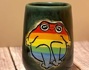 Pride Frog Mug | Handmade Ceramic Pottery | Kawaii Rainbow Design | In Stock & Made to Order