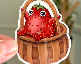 Strawberry Frog Strawberry Basket Vinyl Gloss Waterproof Sticker