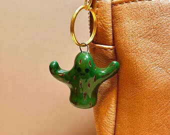 Handmade Ceramic Cactus Keychain | Gold Metal Charm Chain