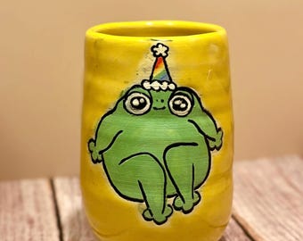 Pride Frog Mug | Handmade Rainbow Party Hat Pottery Cup | Kawaii Art | In Stock & Made to Order