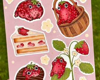 Strawberry Frog Sticker Sheet - Waterproof Vinyl Gloss Stickers