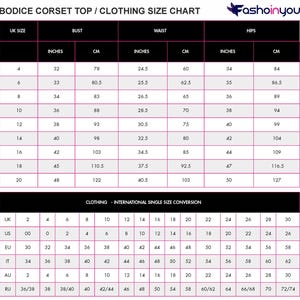 underbust corset size chart