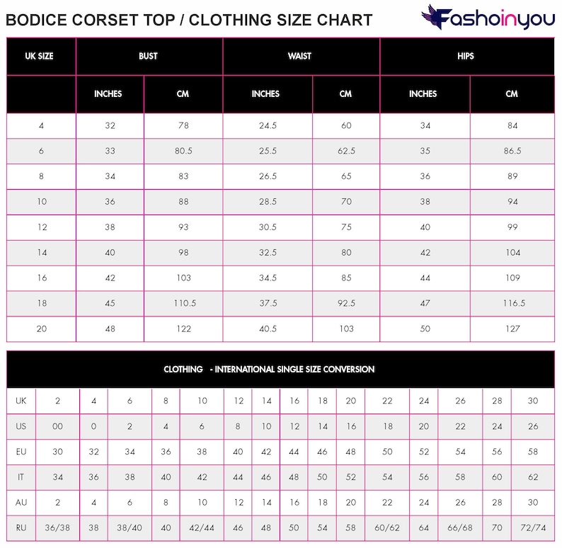 underbust corset size chart
