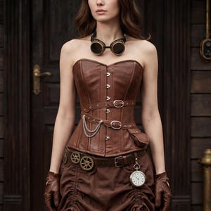 Bruin leren bovenborst korset: steampunk-schaapsleren bovenstuk met staalbeige;