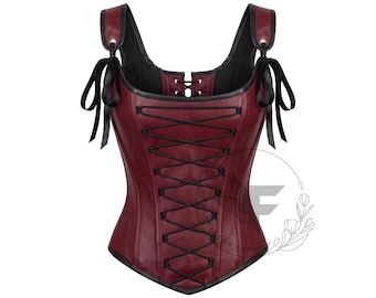 Handmade Burgundy Leather Overbust Corset, Steel Boned Bodice, Gothic Ren Faire Costume