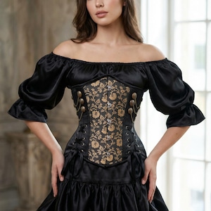 Black Gold Corset in Floral Brocade: Underbust Black Satin Waist Trainer