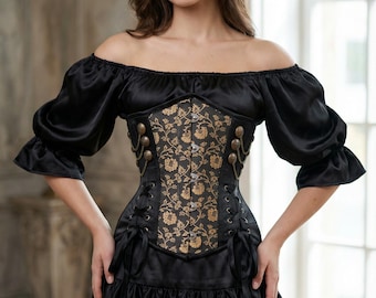 Black Gold Corset in Floral Brocade: Underbust Black Satin Waist Trainer