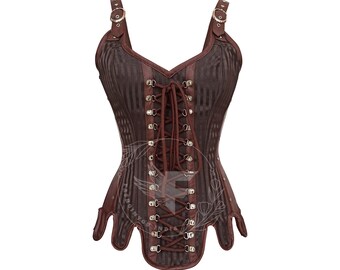 Steampunk Overbust Corset Top: Brown Brocade & Faux Leather