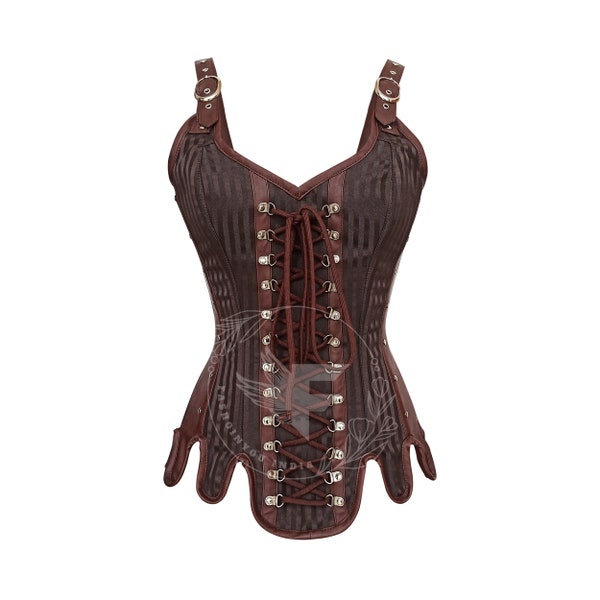 Corsetto Steampunk Overbust Top / Corsetto Renaissance Faire con cinturino / Shapewear in broccato marrone e finta pelle / Corsetto Plus Size