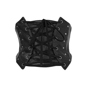 black leather underbust corset belt with lace-up front, metal eyelets along sides, adjustable waist cincher.