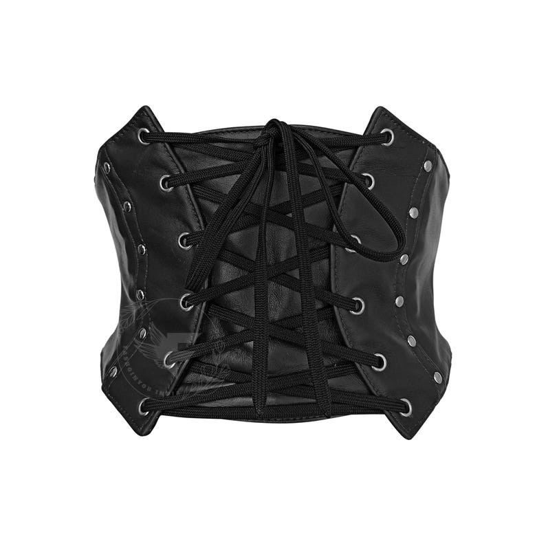 black leather underbust corset belt with lace-up front, metal eyelets along sides, adjustable waist cincher.