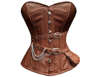 Brown Leather Corset Overbust: Steel Boned Steampunk Sheep Leather Top