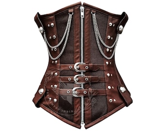 Steampunk Brown Waist Trainer Corset: Faux Leather, Steel Boned, Gothic Longline Underbust, Zipper Front