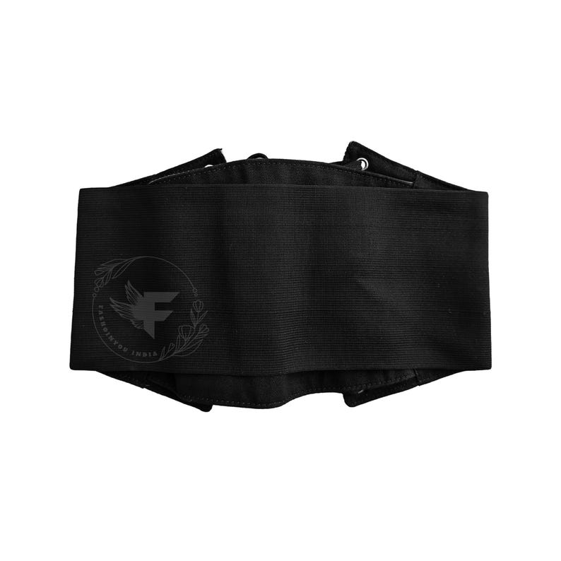 Wide black leather underbust corset belt, adjustable waist cincher for a vintage silhouette.