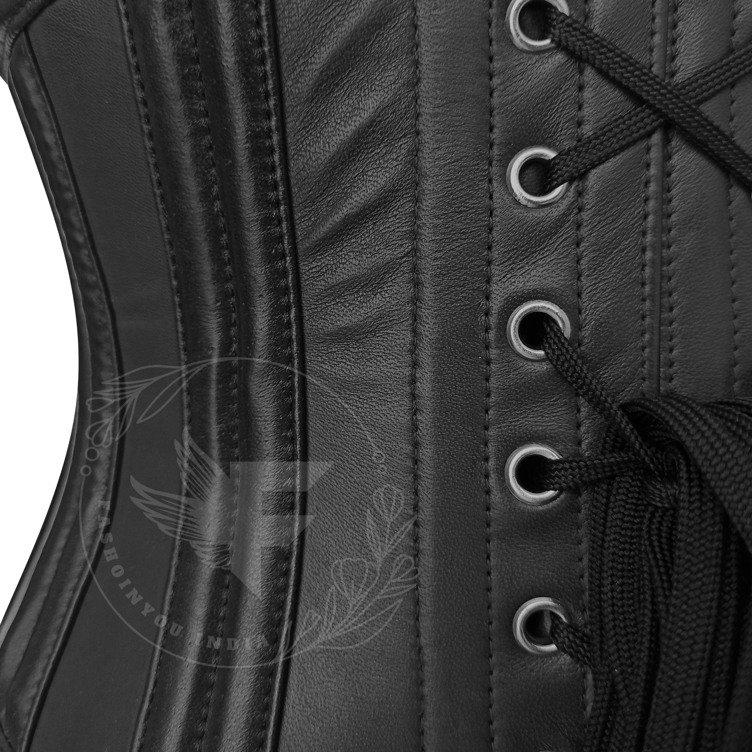 Morticia Black Leather Underbust Corset Belt Steel Boned Shapewear