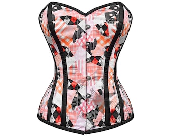 Retro Corset Top Overbust: Satin Steel Boned Victorian Print Plus Size