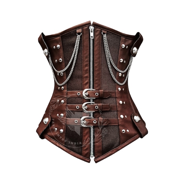 Sabdlin Brown Striped Steampunk Underbust With Steel Busk Covered Detail & Pocket Chain main image 0