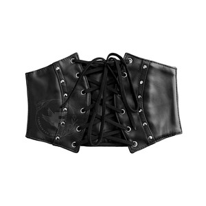 Black leather underbust corset belt with lace-up front, metal eyelets, adjustable plus-size waist cincher - gift for her