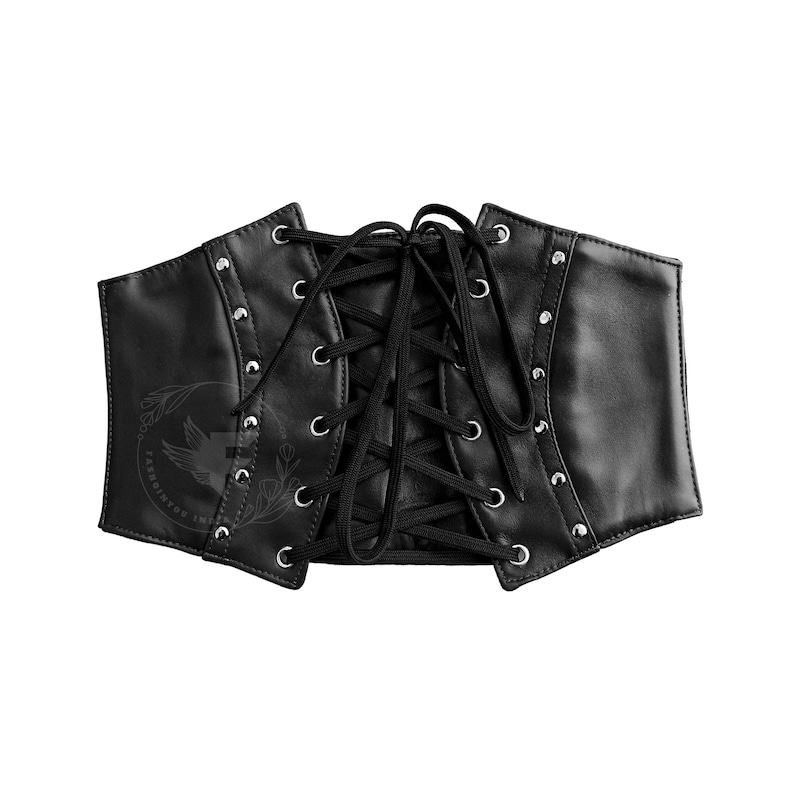 Black leather underbust corset belt with lace-up front, metal eyelets, adjustable plus-size waist cincher - gift for her