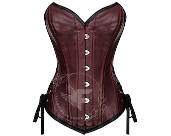 Overbust Leather Corset Top in Burgundy | Real Leather Renaissance Faire Corset Gothic | Steel Boned Leather Plus Size Corset