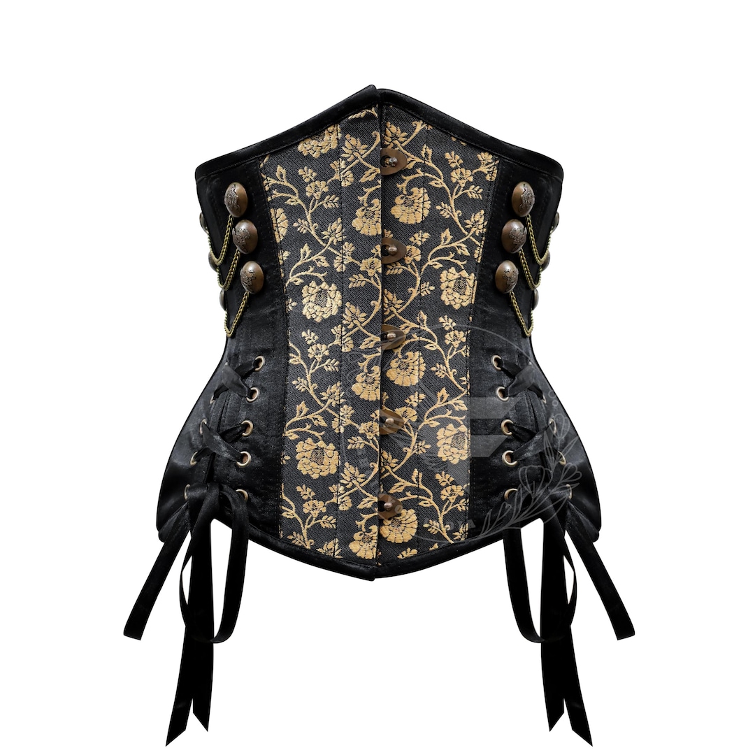 Handmade Golden Black Floral Brocade Waist Shaper Corset