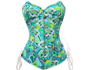 Printed Satin Overbust Corset | Steel Boned Bustier Top | Renaissance Cosplay Waist Trainer