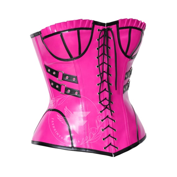 Zazu Hot Pink Faux Leather Overbust Corset Plastic Boned Body