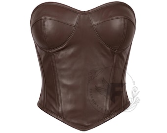 Genuine Leather Overbust Corset Bodice, Lace Up Strapless Bustier, Brown Renaissance Corset