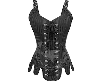 Overbust Corset Top with Straps | Rich Broacde Fabric and Faux Leather in Black | Steel Boned Corset Top for Gothic Costumes