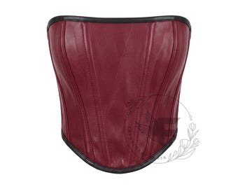 Genuine Leather Overbust Corset | Steel Boned Burgundy Bustier Crop Top | Gothic Renaissance Cosplay