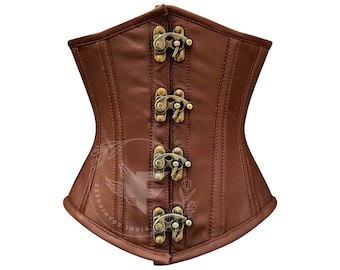 Brown Leather Corset Waist Trainer: Underbust Steel Boned Belt Plus Size