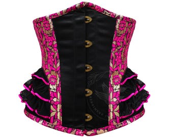 Underbust Corset Floral Brocade : Pink, Gold & Black Satin