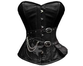 Haut corset overbust en cuir noir | Corset pour costumes punk gothique | Haut corset gainant avec baleines en acier | Corset en cuir noir grande taille